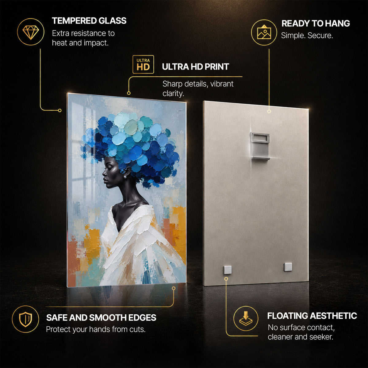Blue Blossom Crown — tempered glass, ultra HD print, ready to hang
