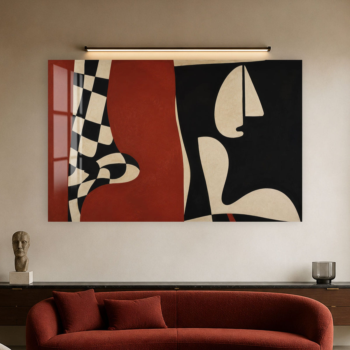 Crimson Cubist Faces in a modern room