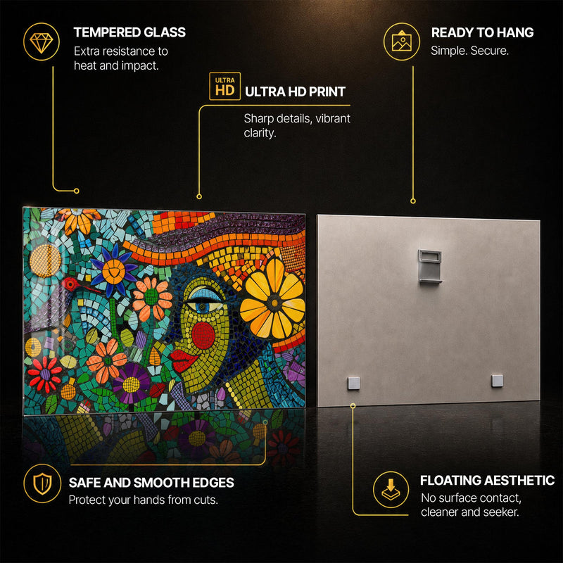 Mosaic Garden Muse — tempered glass, ultra HD print, ready to hang