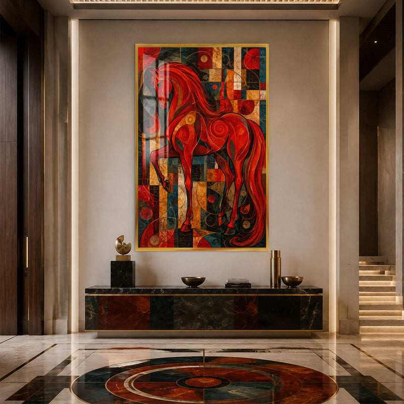 Artronauts Glass Print 12x18 cm | 4.7"x7.1" / Gold Scarlet Mosaic Horse Glass Wall Art