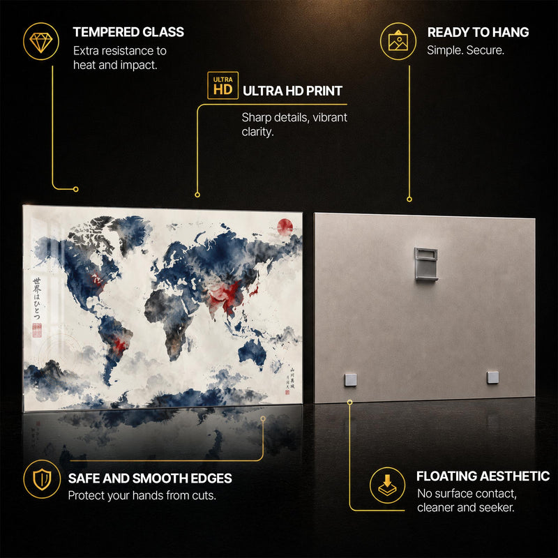 Ink Wash World Map — tempered glass, ultra HD print, ready to hang