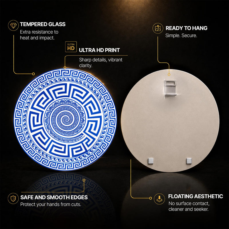 Greek Key Spiral — tempered glass, ultra HD print, ready to hang