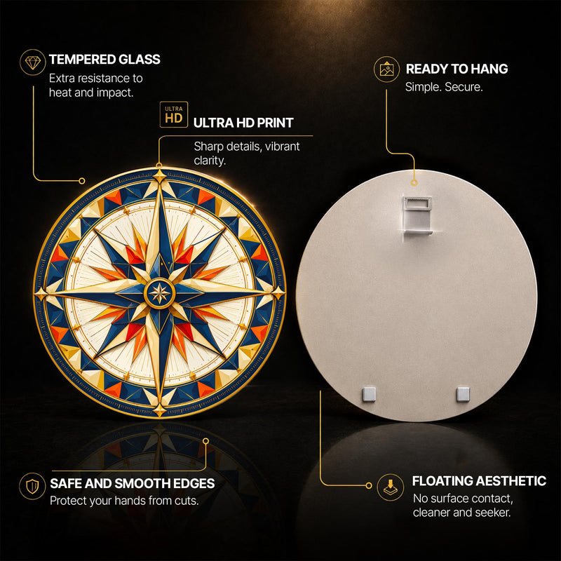Jeweled Compass Rose — tempered glass, ultra HD print, ready to hang