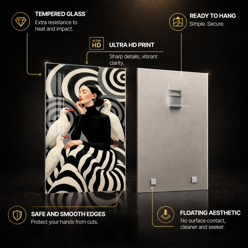 Monochrome Muse — tempered glass, ultra HD print, ready to hang