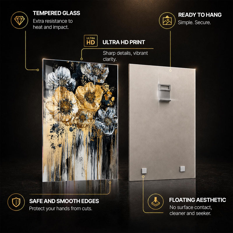 Gilded Midnight Flowers — tempered glass, ultra HD print, ready to hang