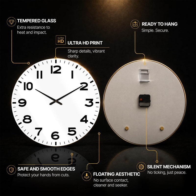 Classic Monochrome Dial — tempered glass, ultra HD print, ready to hang