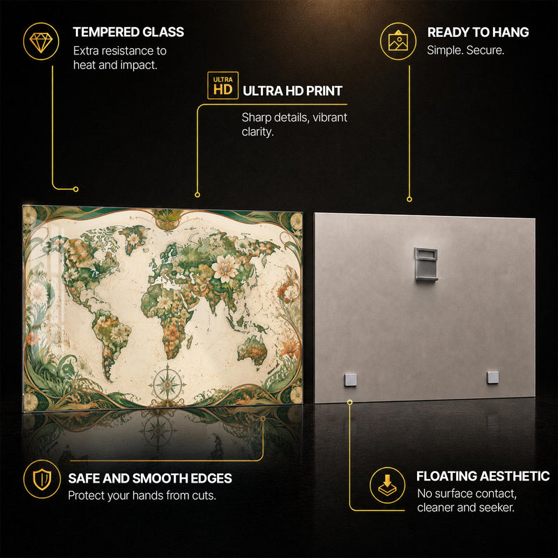 Botanical World Map — tempered glass, ultra HD print, ready to hang