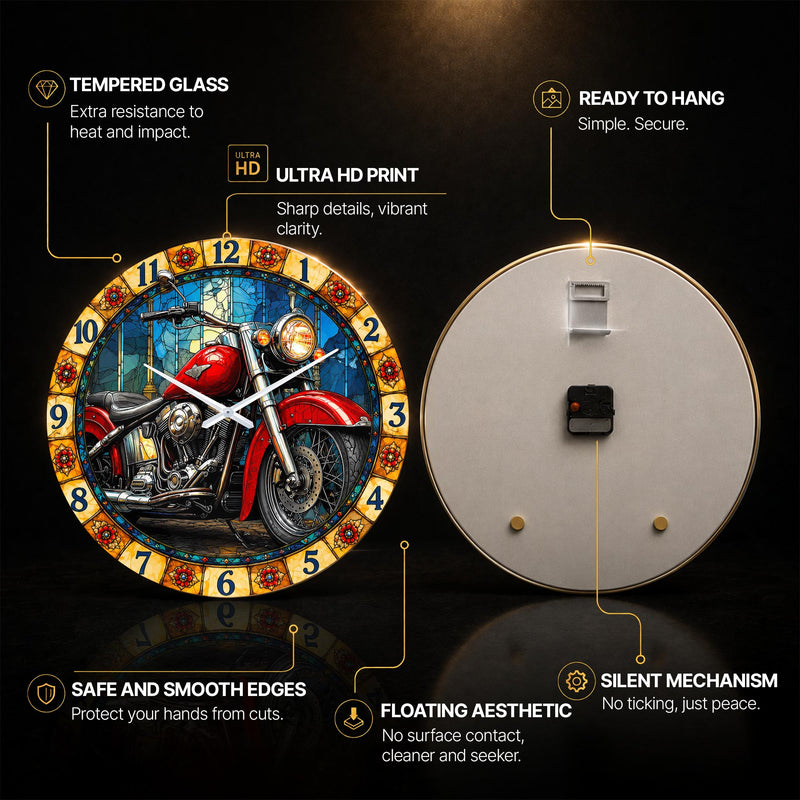 Stained Glass Motorcycle — tempered glass, ultra HD print, ready to hang