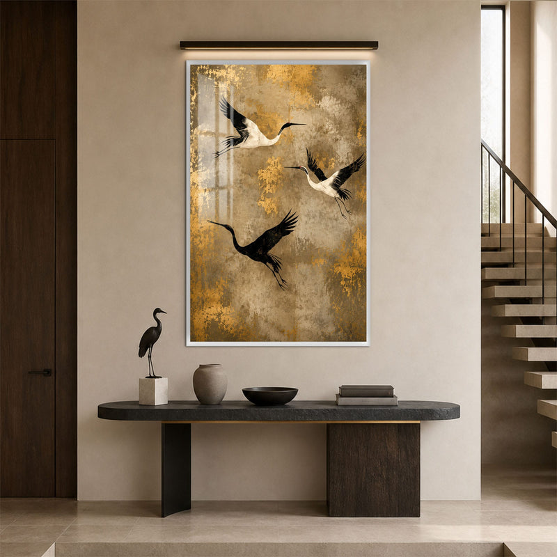 Artronauts Glass Print 12x18 cm | 4.7"x7.1" / White Golden Crane Flight Glass Wall Art