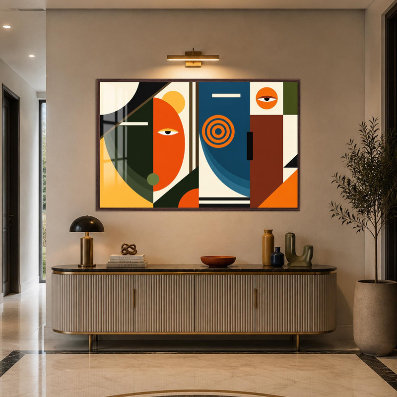 Geometric Faces Panel with walnut frame