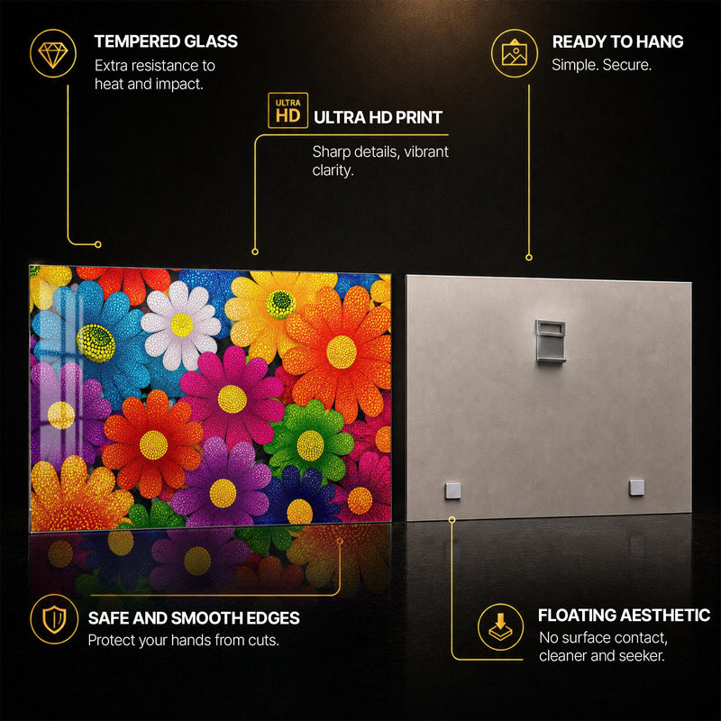 Dotted Floral Kaleidoscope — tempered glass, ultra HD print, ready to hang