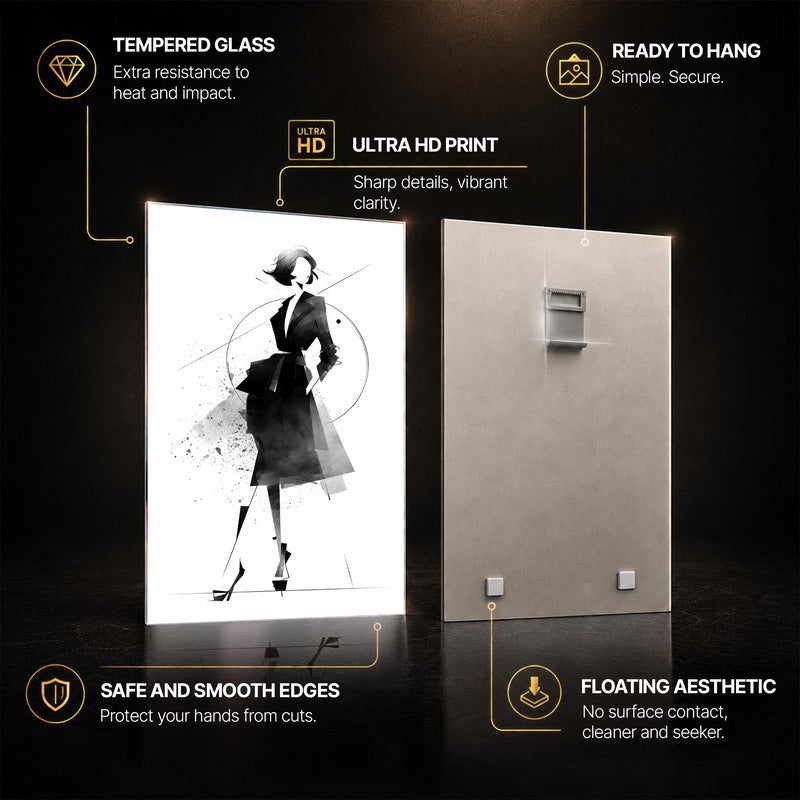 Monochrome Fashion Muse — tempered glass, ultra HD print, ready to hang