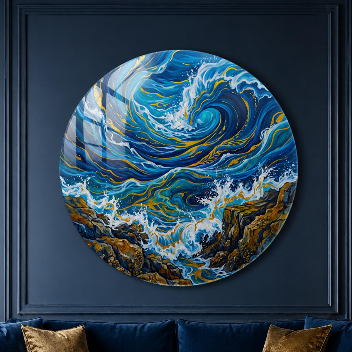 Gilded Ocean Vortex — tempered glass, ultra HD print, ready to hang