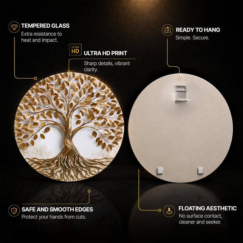 Golden Tree of Life — tempered glass, ultra HD print, ready to hang