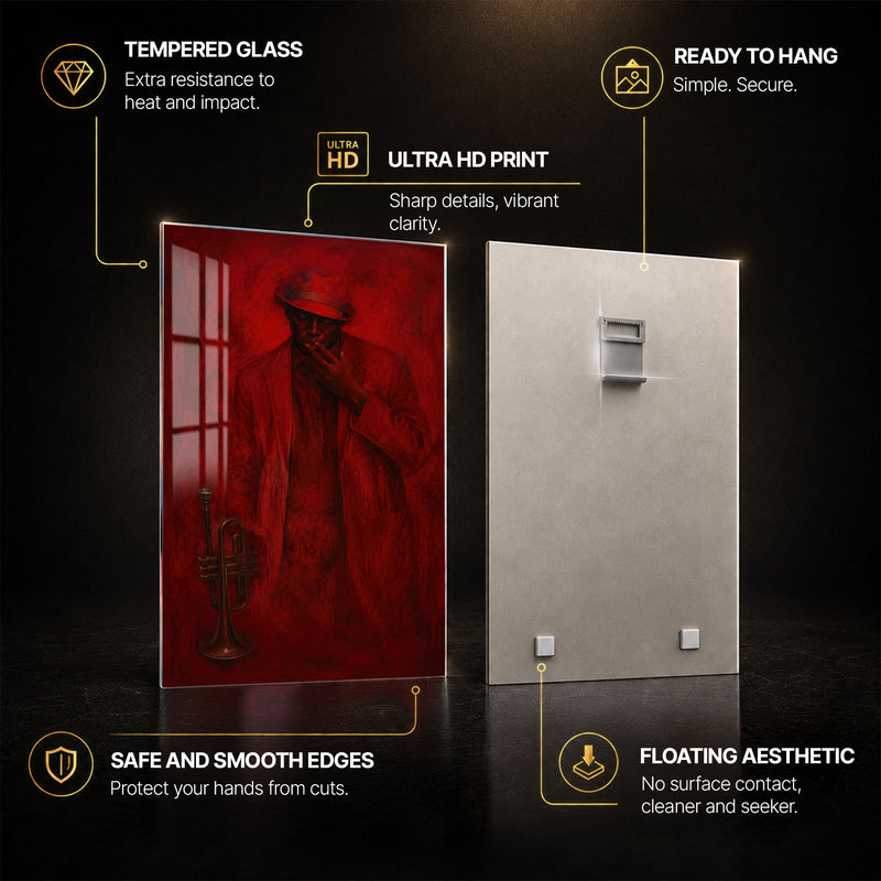 Crimson Jazz — tempered glass, ultra HD print, ready to hang