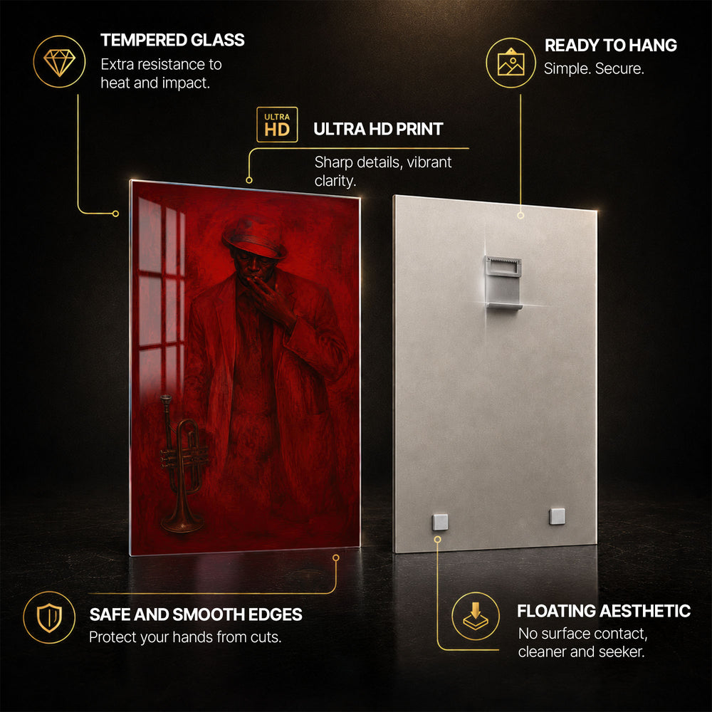 Crimson Jazz — tempered glass, ultra HD print, ready to hang