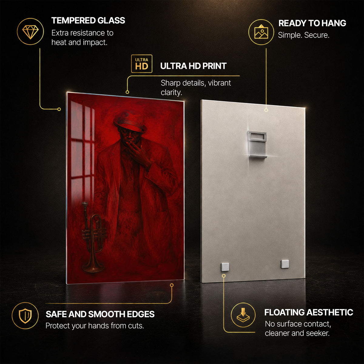 Crimson Jazz — tempered glass, ultra HD print, ready to hang