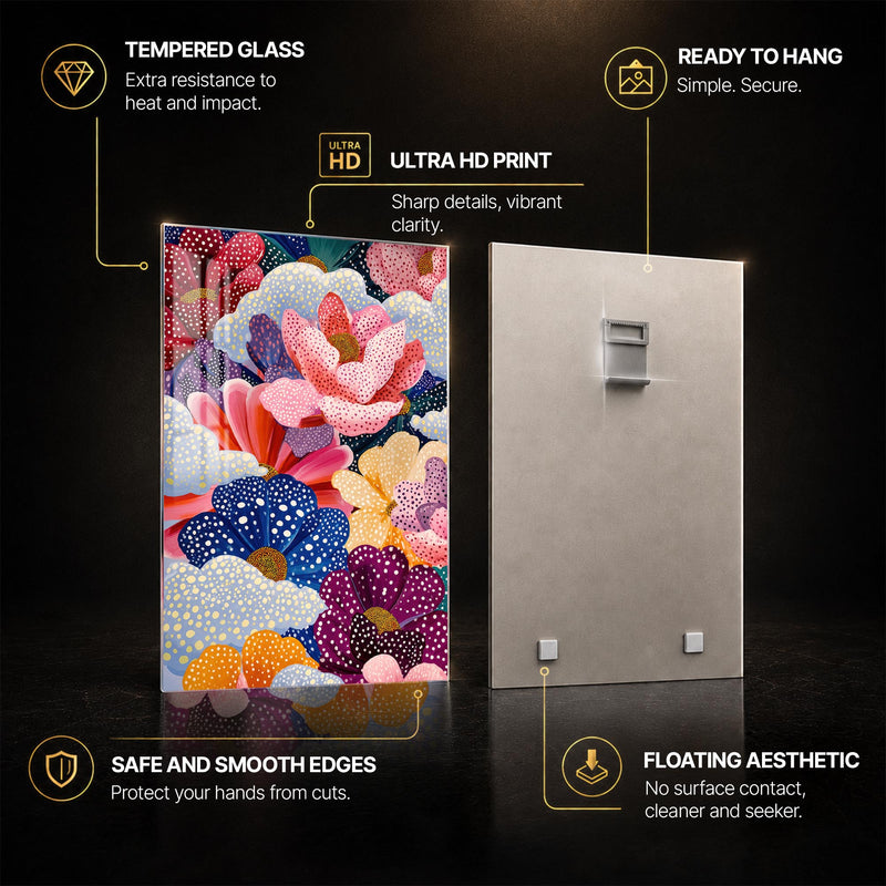 Dotted Floral Symphony — tempered glass, ultra HD print, ready to hang