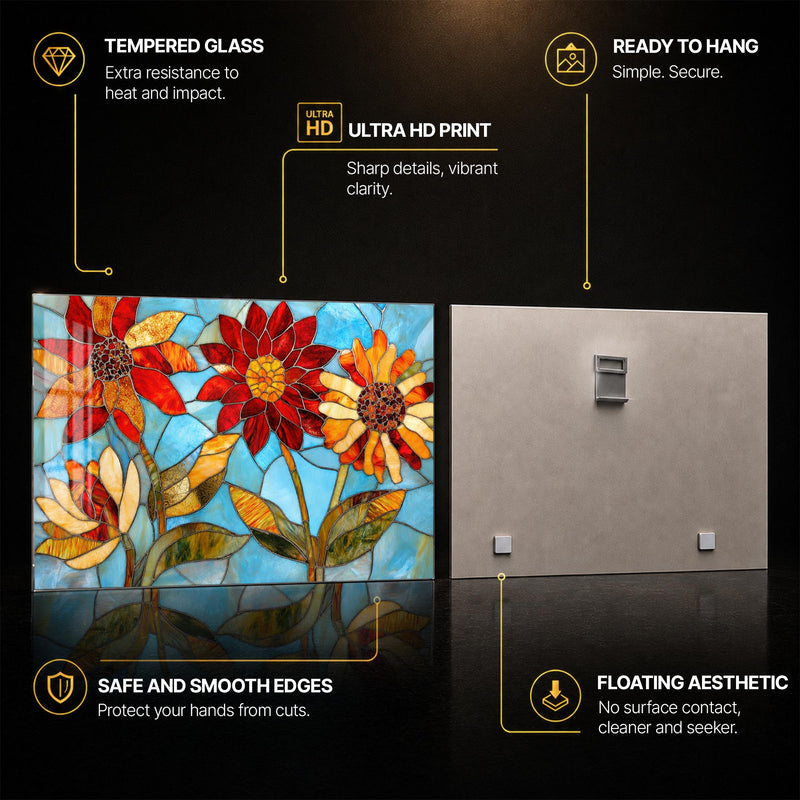 Stained Glass Blooms — tempered glass, ultra HD print, ready to hang