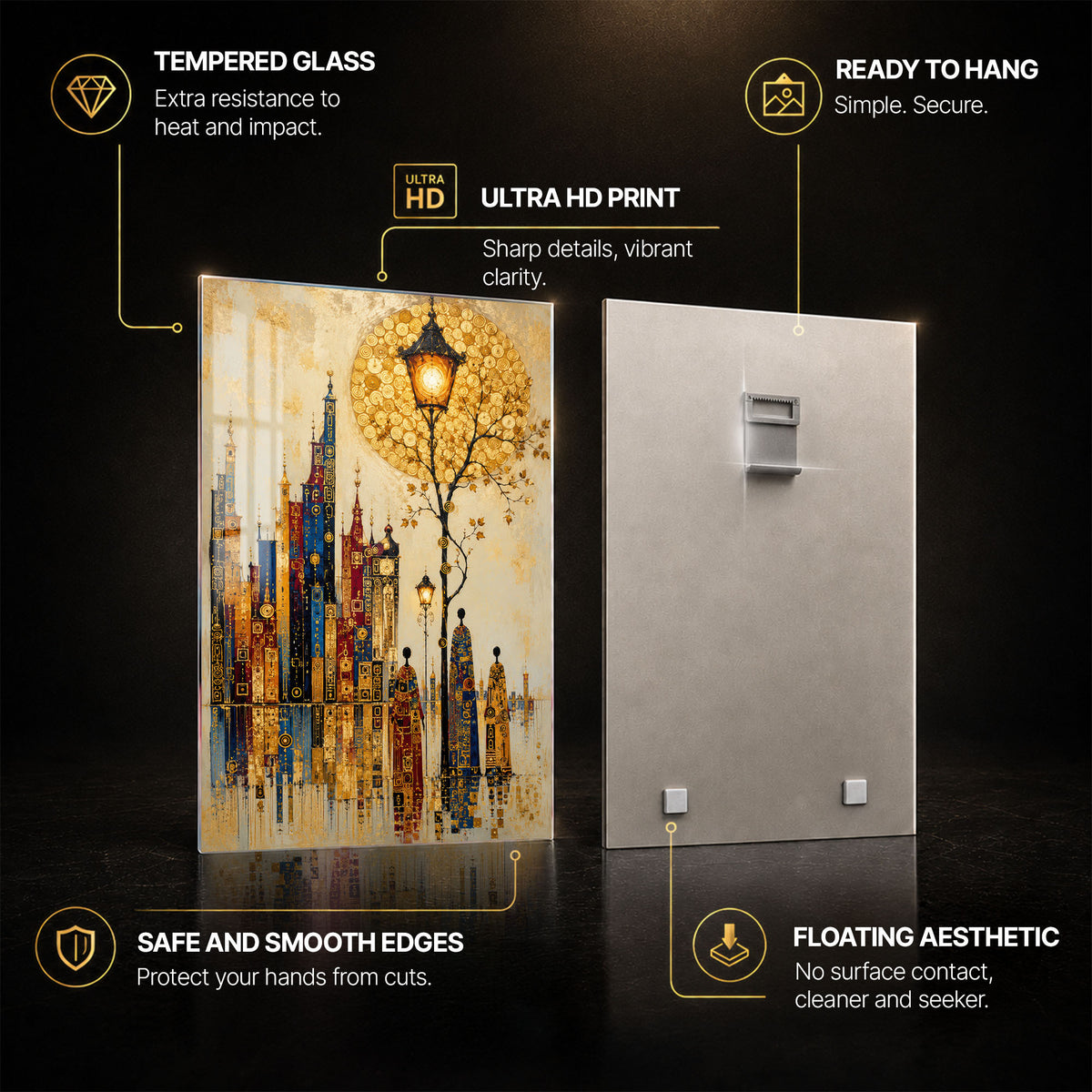 Golden City Promenade — tempered glass, ultra HD print, ready to hang