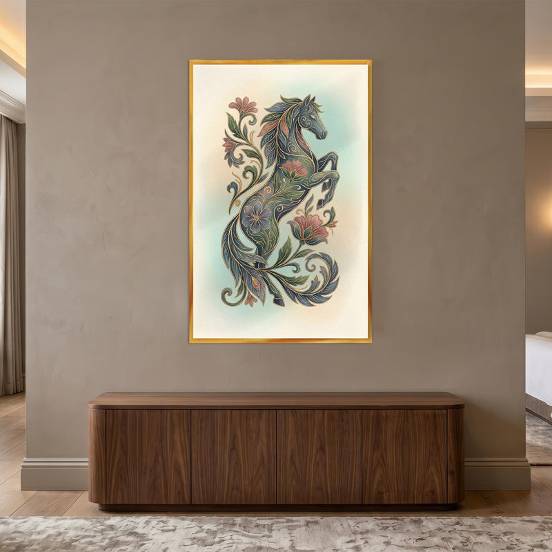 Floral Midnight Stallion with gold frame