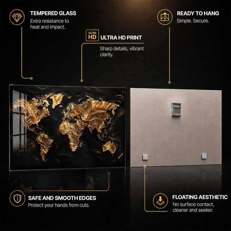 Golden World Map — tempered glass, ultra HD print, ready to hang