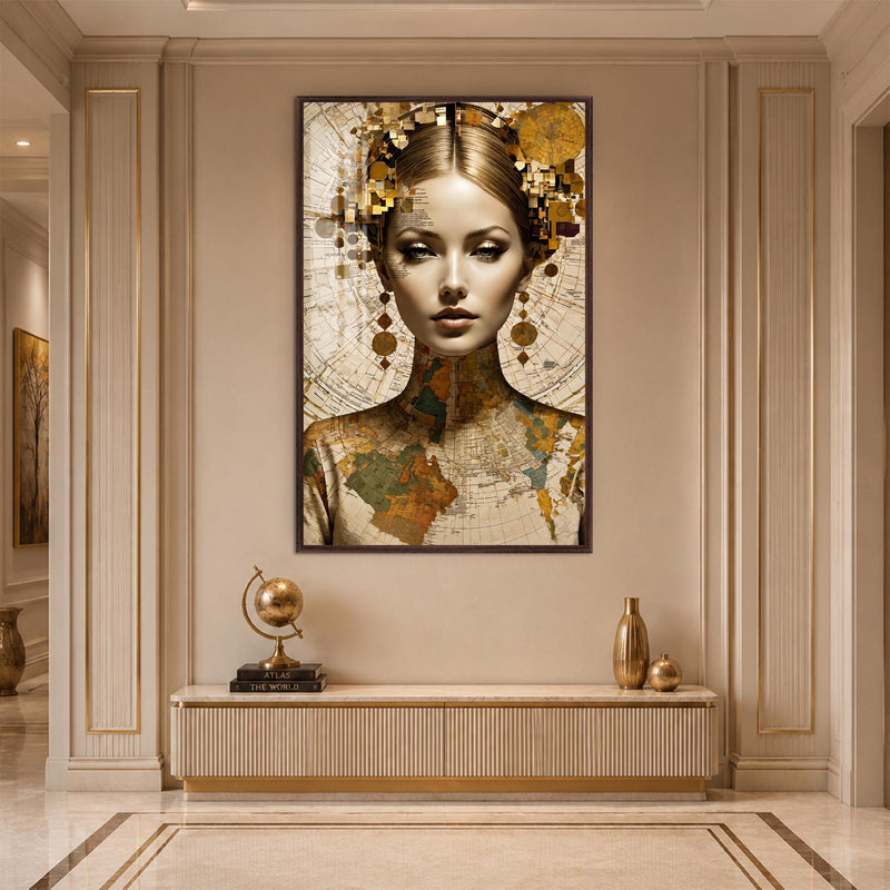Cartographic Muse with walnut frame