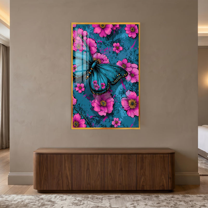 Turquoise Butterfly Garden with gold frame