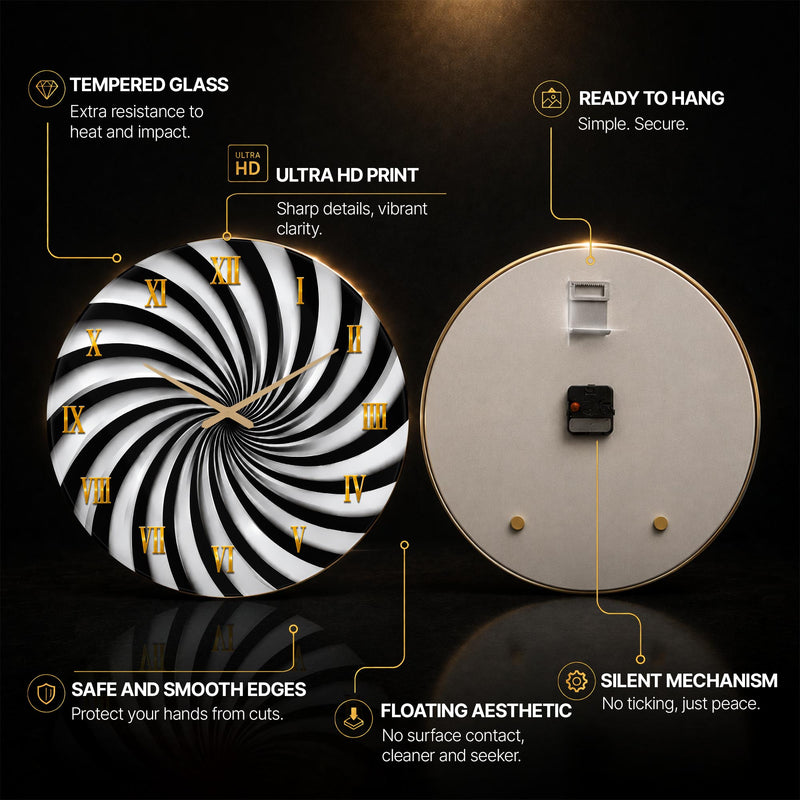 Monochrome Spiral — tempered glass, ultra HD print, ready to hang