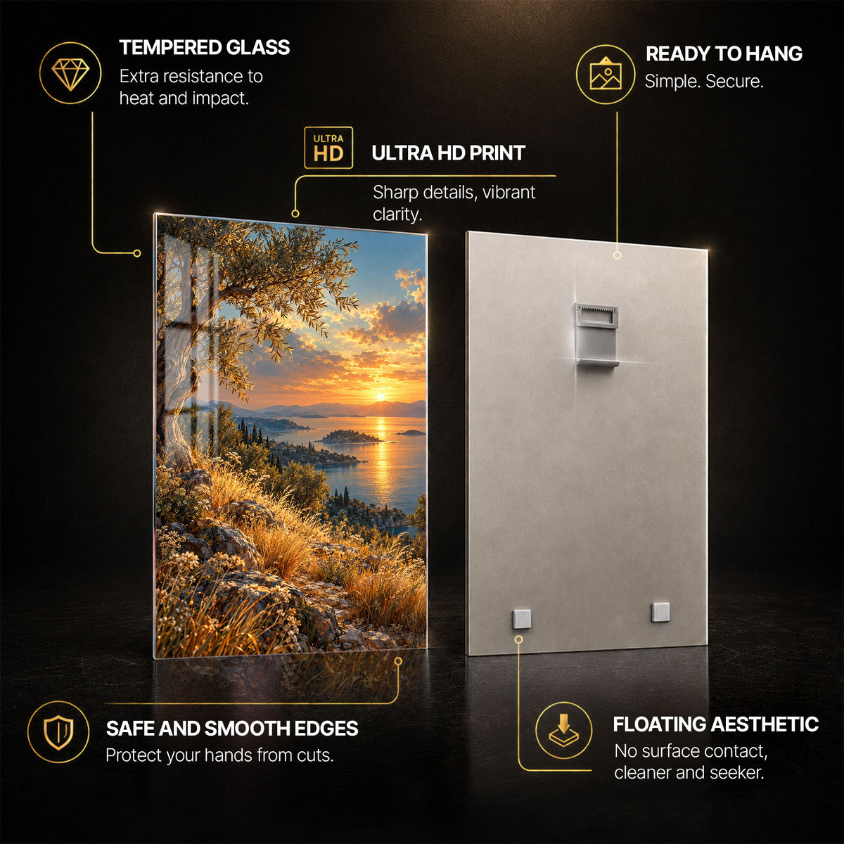 Golden Sunset — tempered glass, ultra HD print, ready to hang