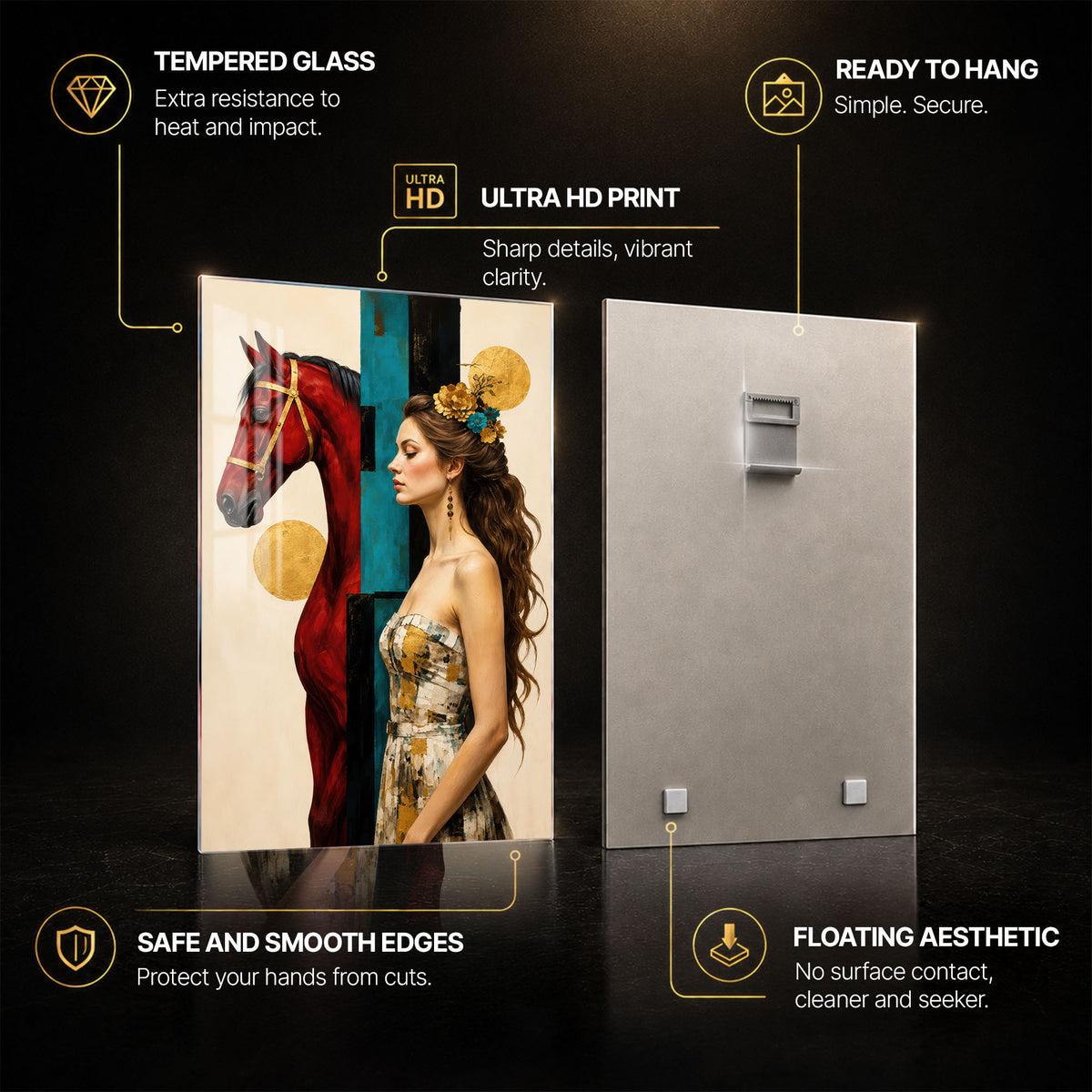 Crimson Horse and Muse — tempered glass, ultra HD print, ready to hang