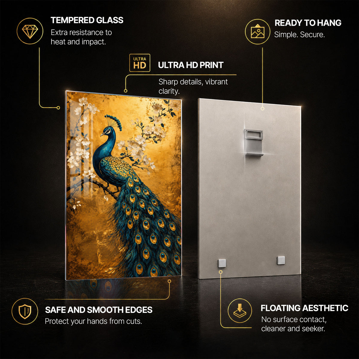 Golden Peacock Garden — tempered glass, ultra HD print, ready to hang