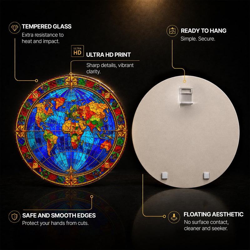 Stained Glass World Map — tempered glass, ultra HD print, ready to hang