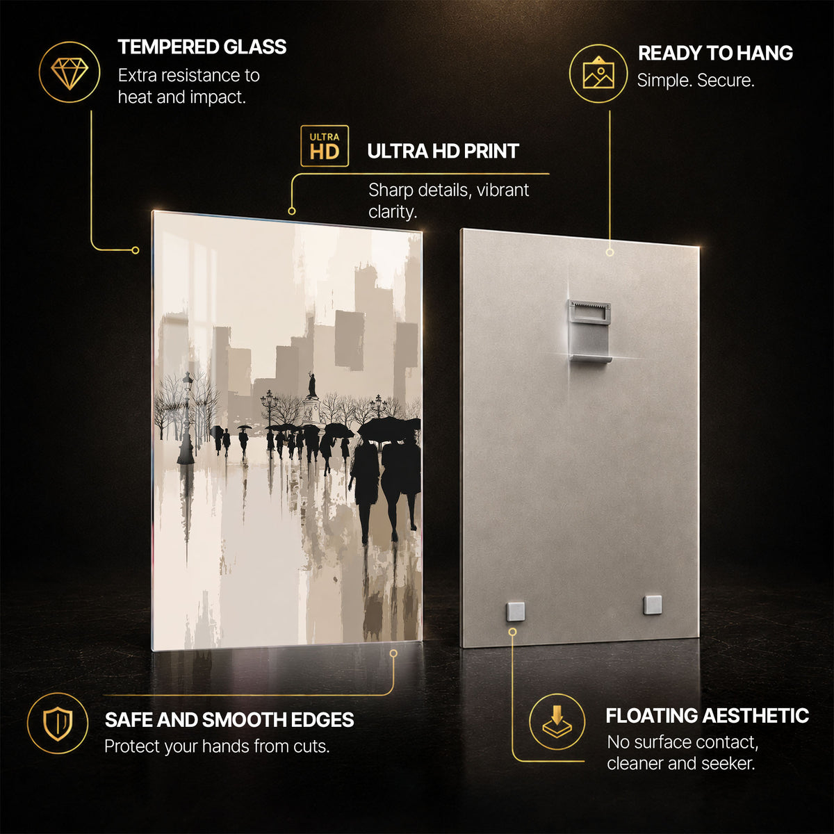 Rainy City Promenade — tempered glass, ultra HD print, ready to hang