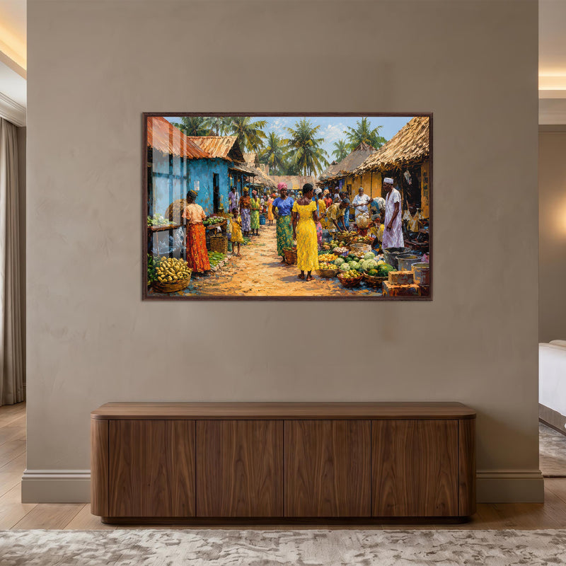 Village Market Day with walnut frame