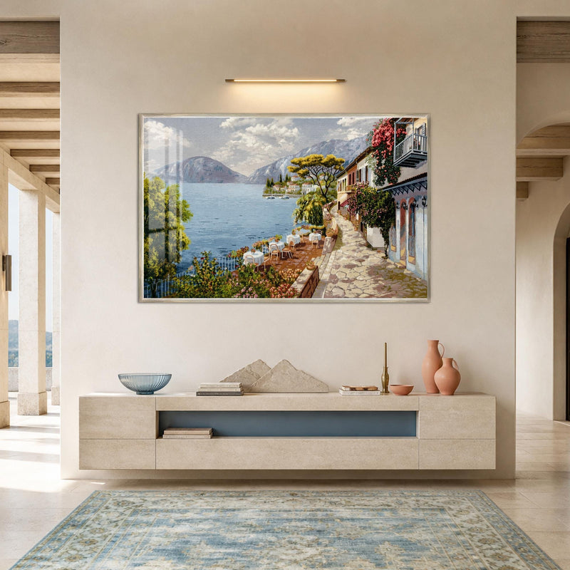 Artronauts Glass Print 18x12 cm | 7.1"x4.7" / Silver Riviera Lakeside Terrace Glass Wall Art