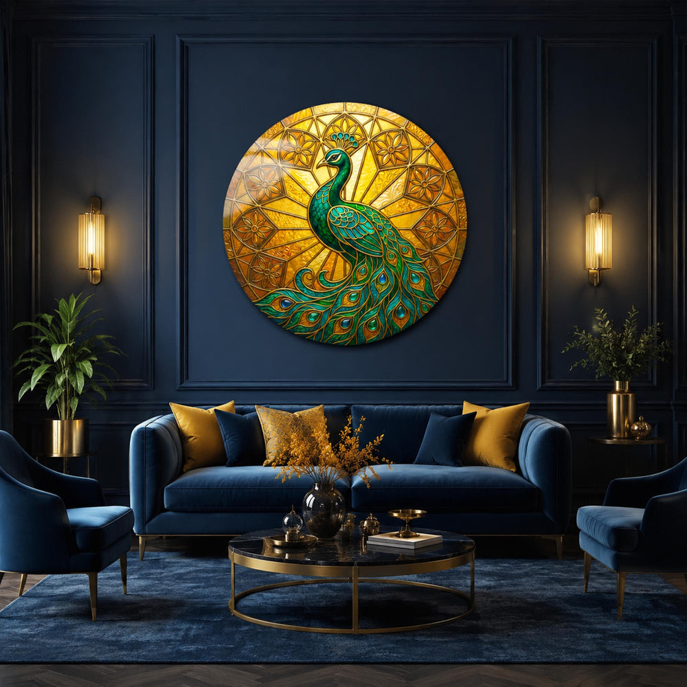 Emerald Peacock II — tempered glass, ultra HD print, ready to hang