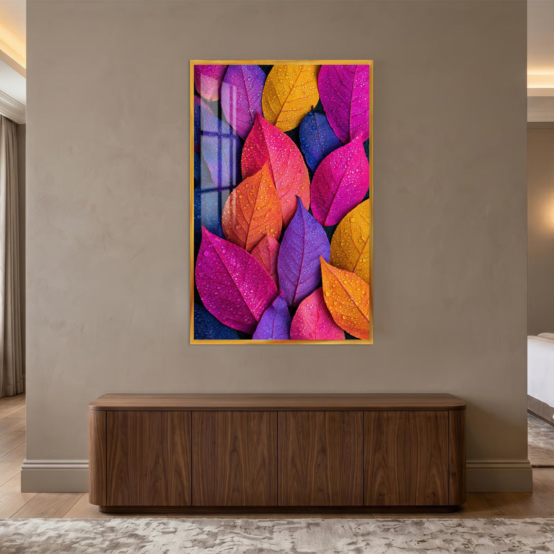Rain-Kissed Rainbow Leaves with gold frame