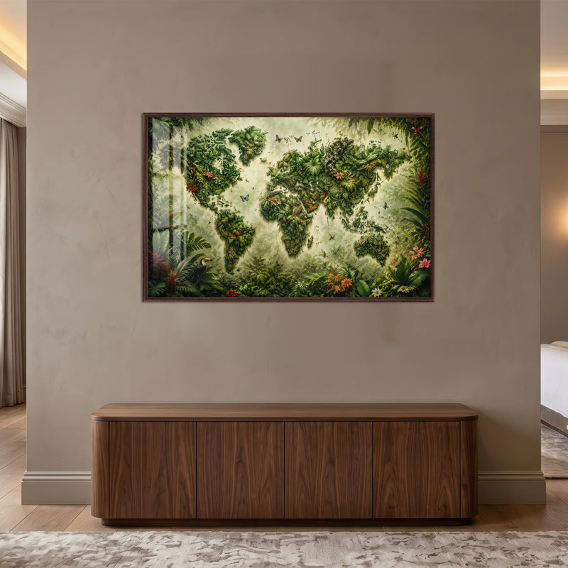 Tropical World Map with walnut frame