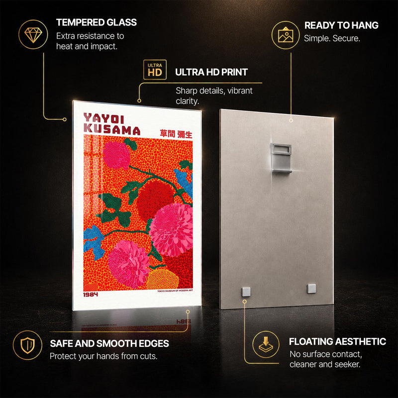 Kusama Floral Reverie — tempered glass, ultra HD print, ready to hang