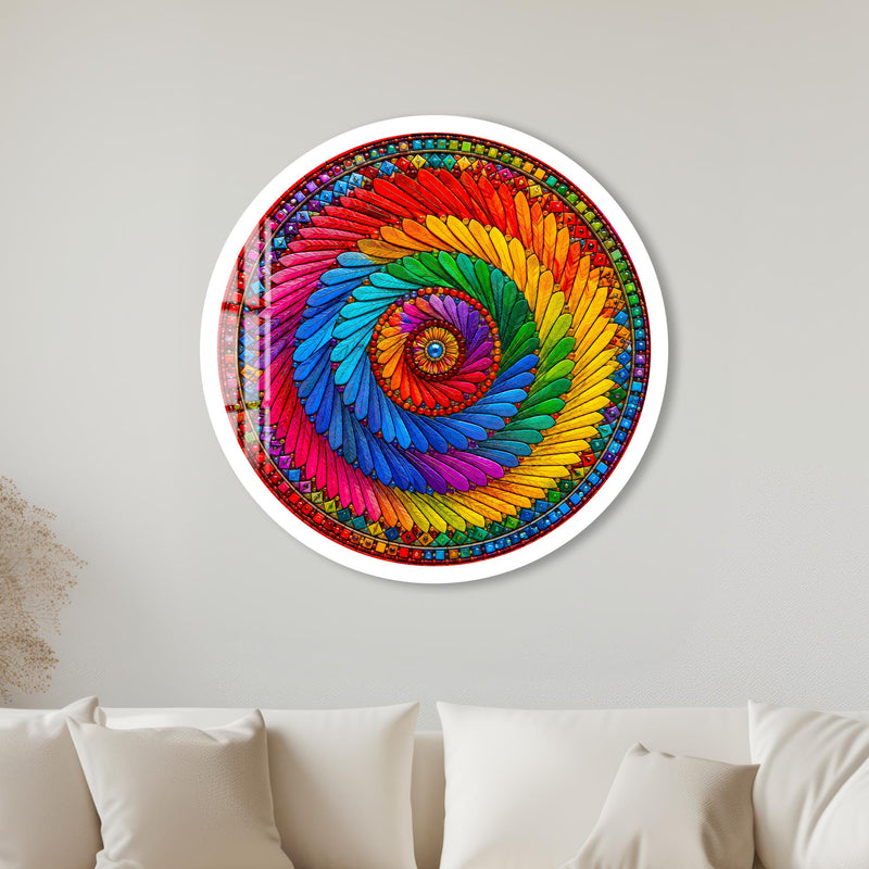Rainbow Feather Spiral with white frame