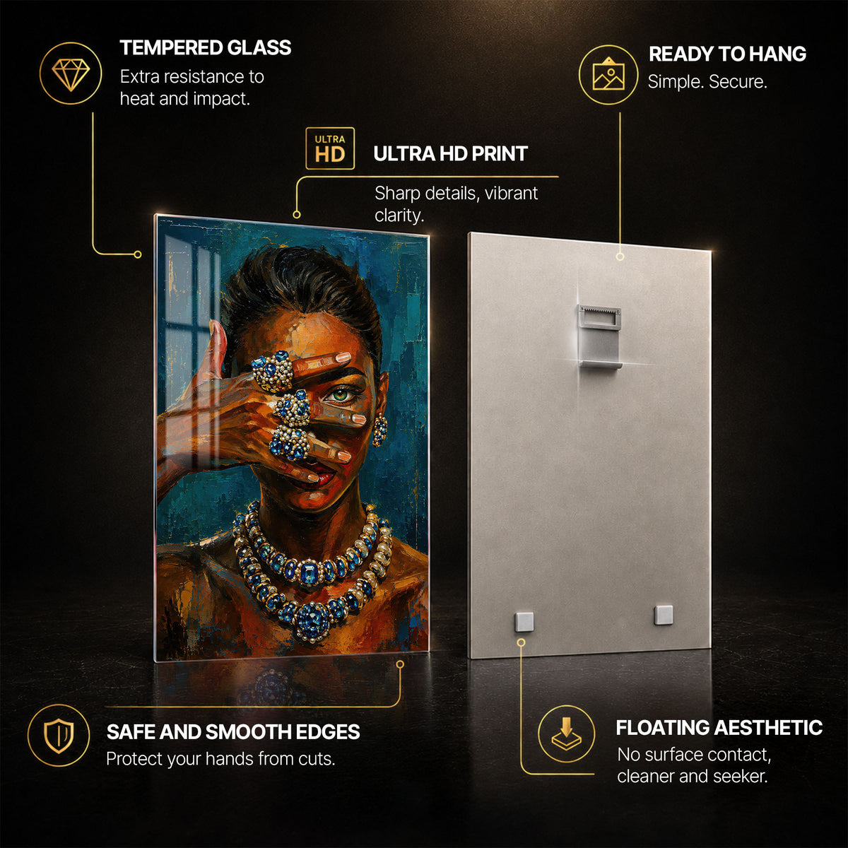 Sapphire Gaze — tempered glass, ultra HD print, ready to hang
