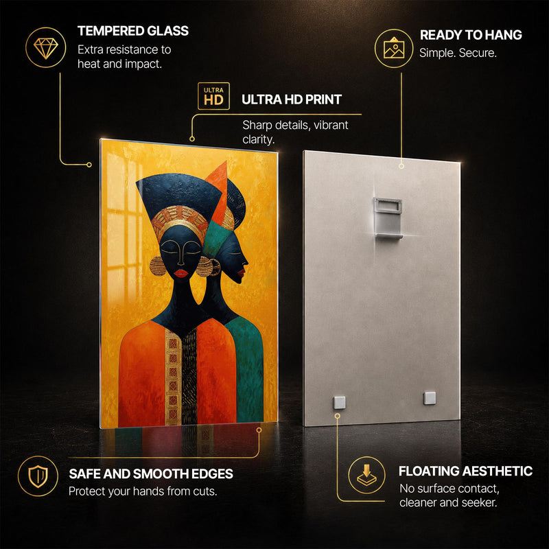 Golden African Sisters — tempered glass, ultra HD print, ready to hang