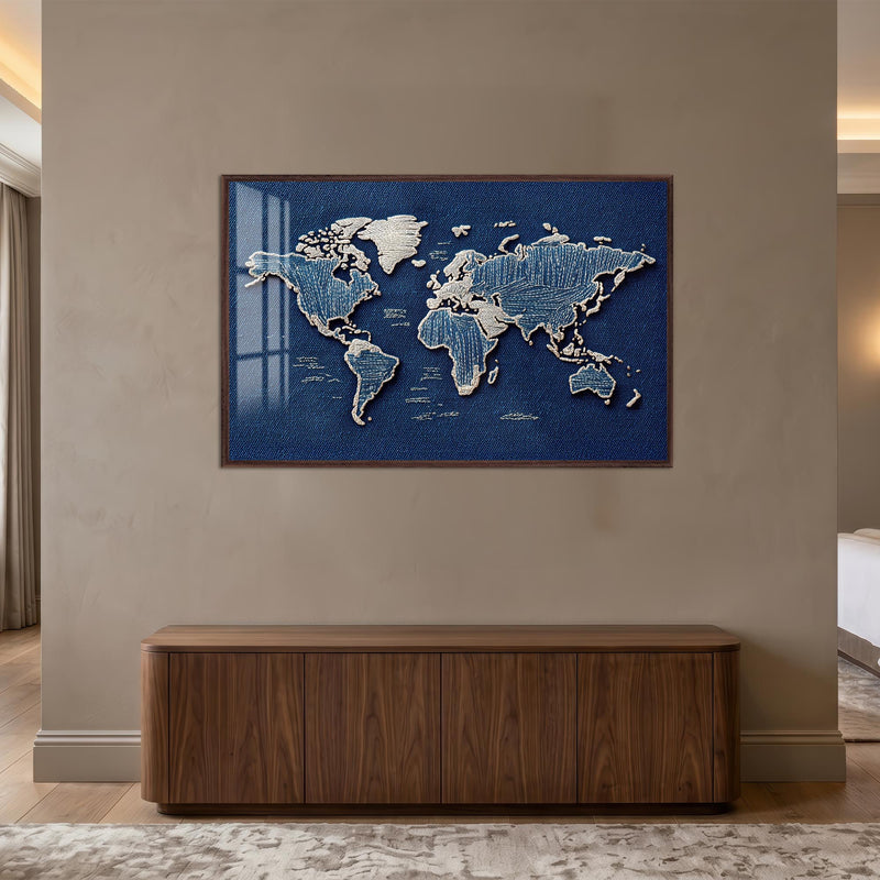 Denim World Map with walnut frame