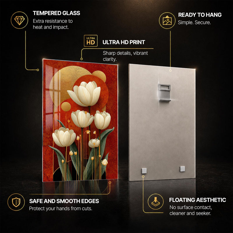 Golden Ivory Blooms — tempered glass, ultra HD print, ready to hang