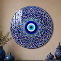 Blue Evil Eye Mandala — tempered glass, ultra HD print, ready to hang