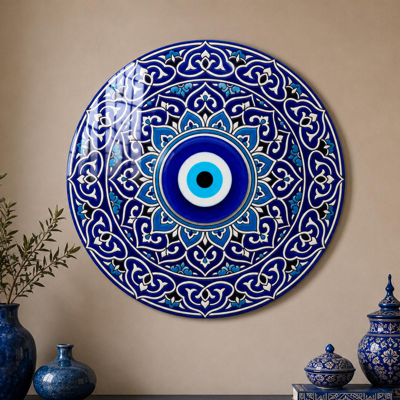 Blue Evil Eye Mandala — tempered glass, ultra HD print, ready to hang