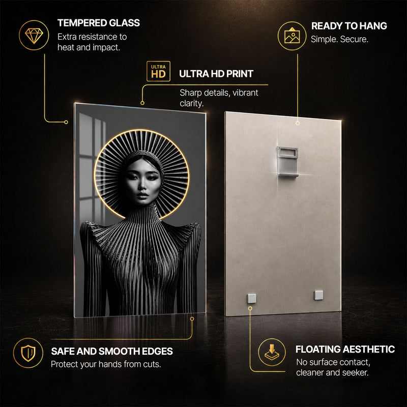 Radiant Future Muse — tempered glass, ultra HD print, ready to hang