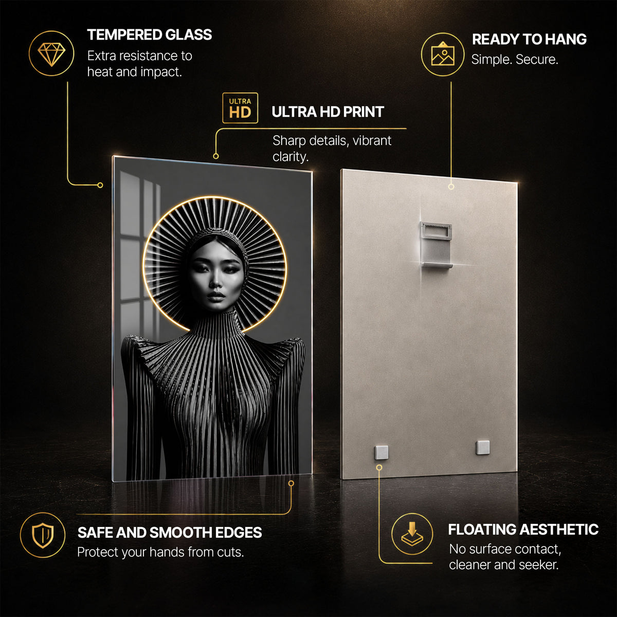 Radiant Future Muse — tempered glass, ultra HD print, ready to hang