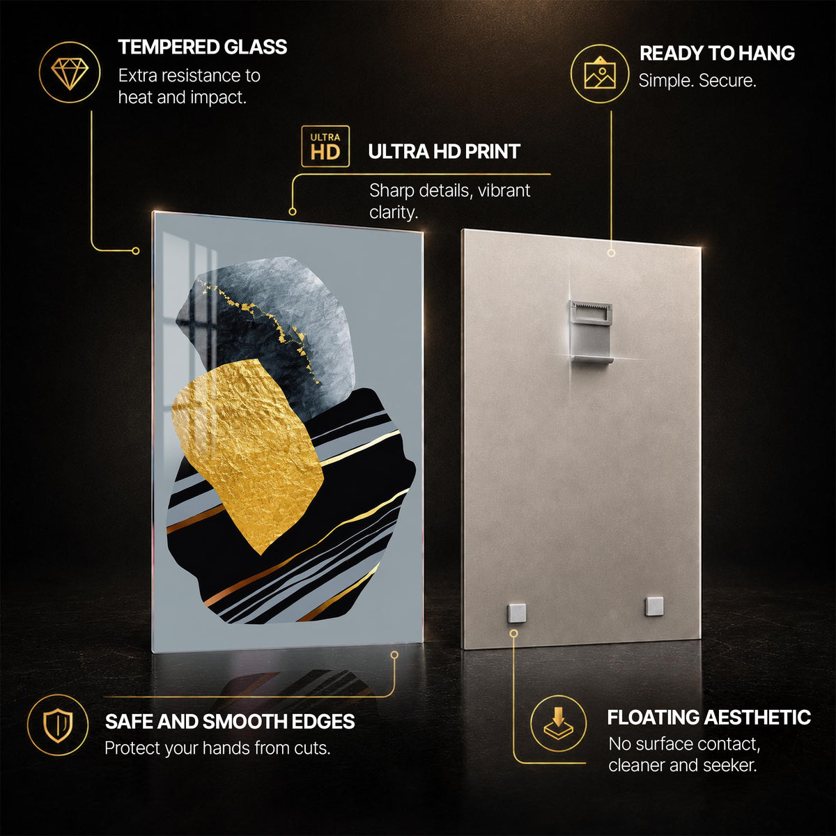 Golden Stone Composition — tempered glass, ultra HD print, ready to hang